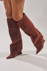 AZALEA WANG KENYA BURNT ORANGE VELVET KNEE HIGH WEDGE BOOT