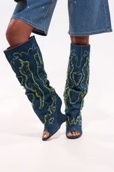 AZALEA WANG VIANCA GREEN MULTI DENIM WEDGE BOOT
