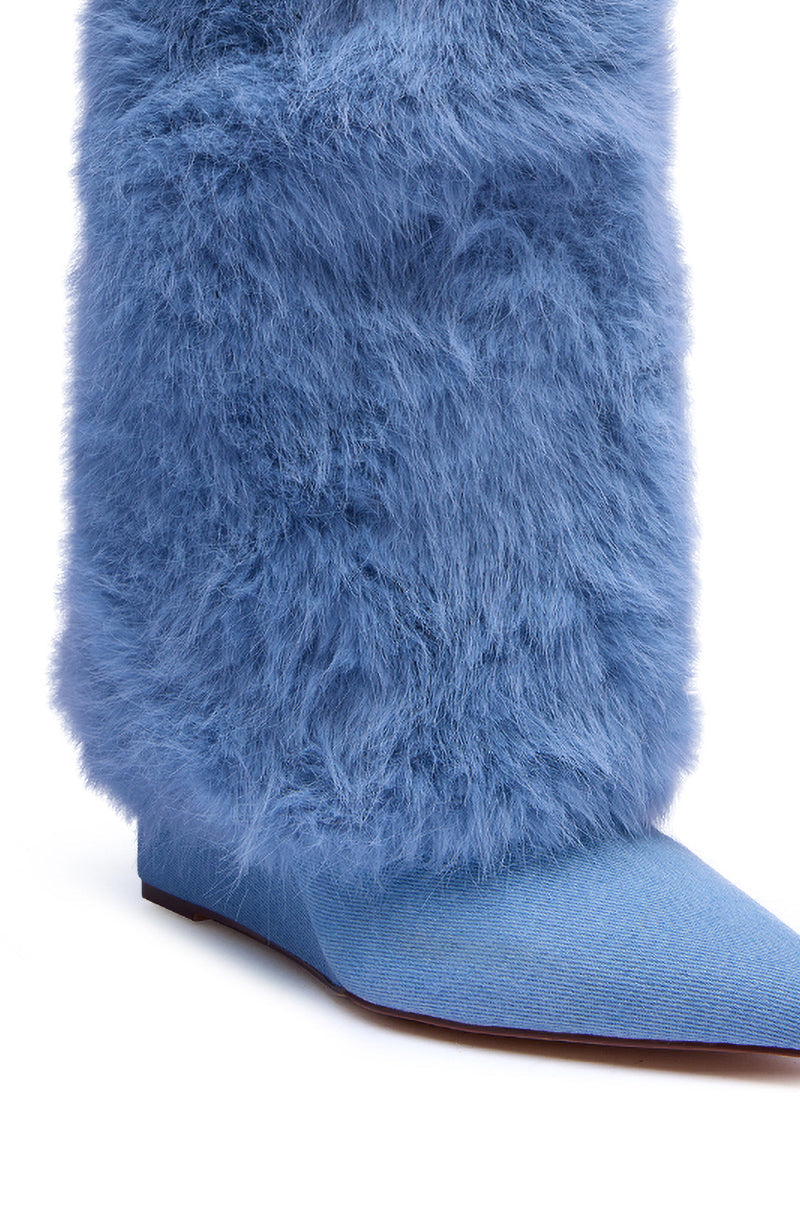 AZALEA WANG BRIASH DENIM FUR HIDDEN WEDGE BOOTIE