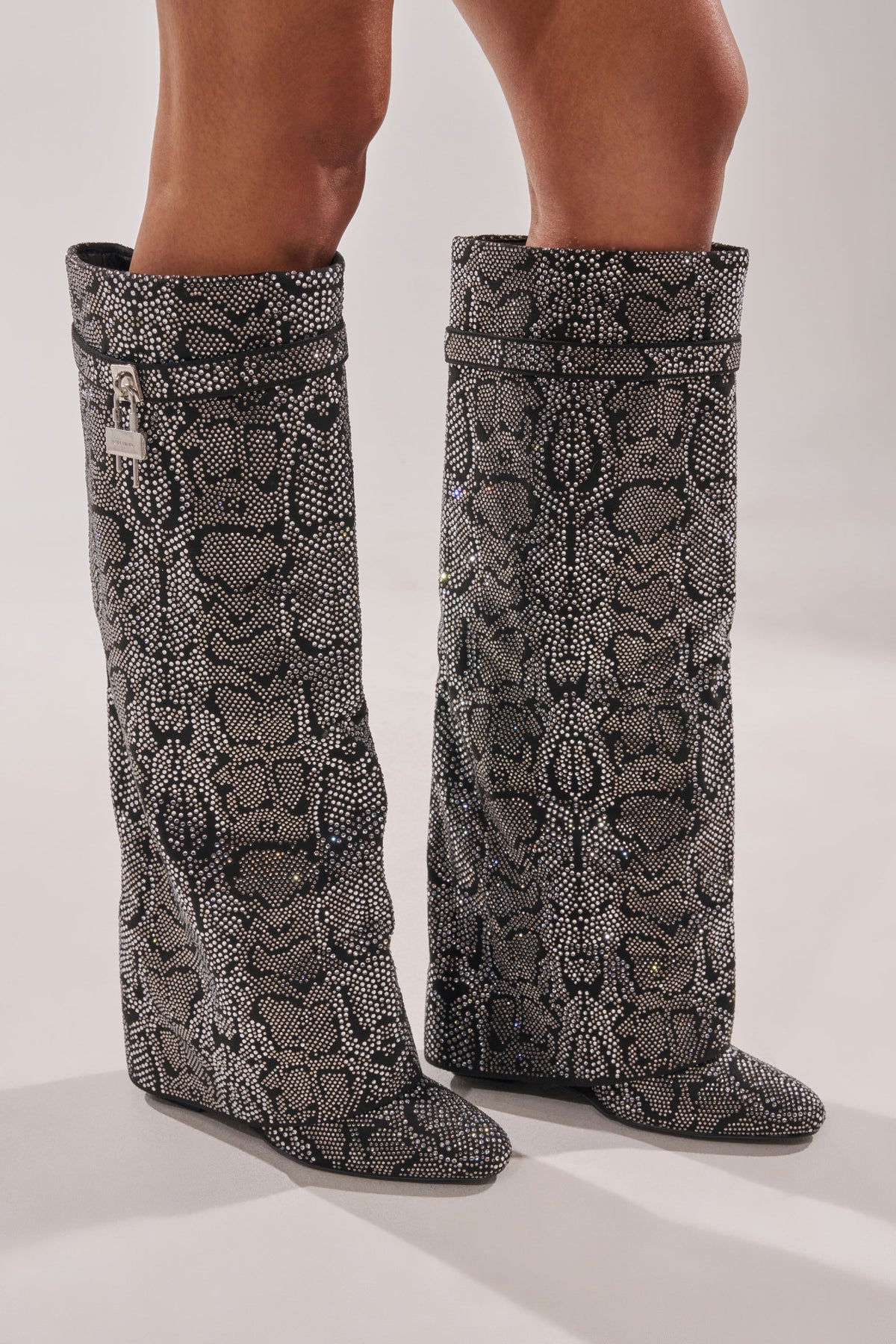 AZALEA WANG CAPRICORN RHINESTONE SNAKE PATTERN WEDGE FOLD OVER BOOT