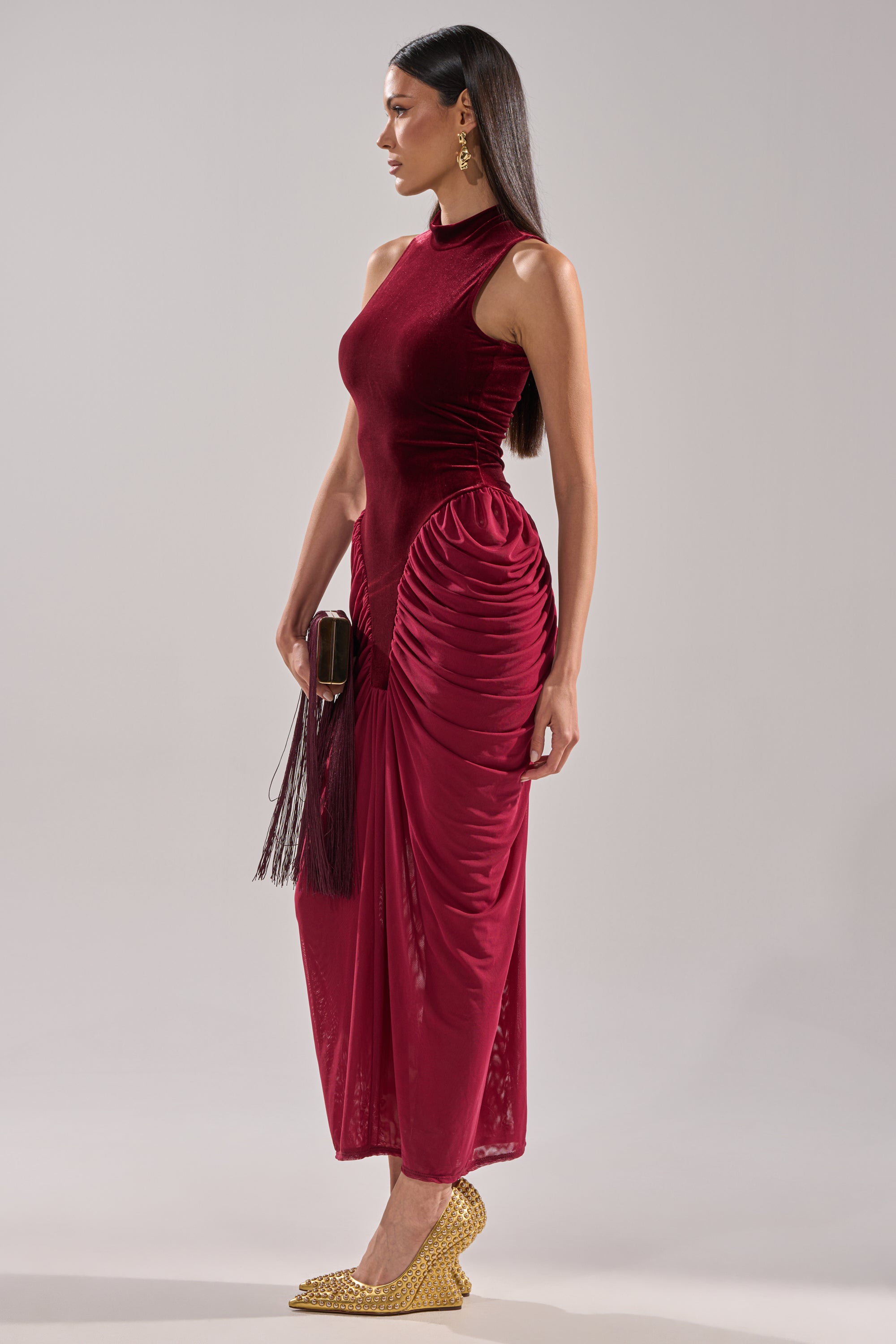 BABY ITS COLD OUTSIDE VELVET RUCHED MAXI DRESS