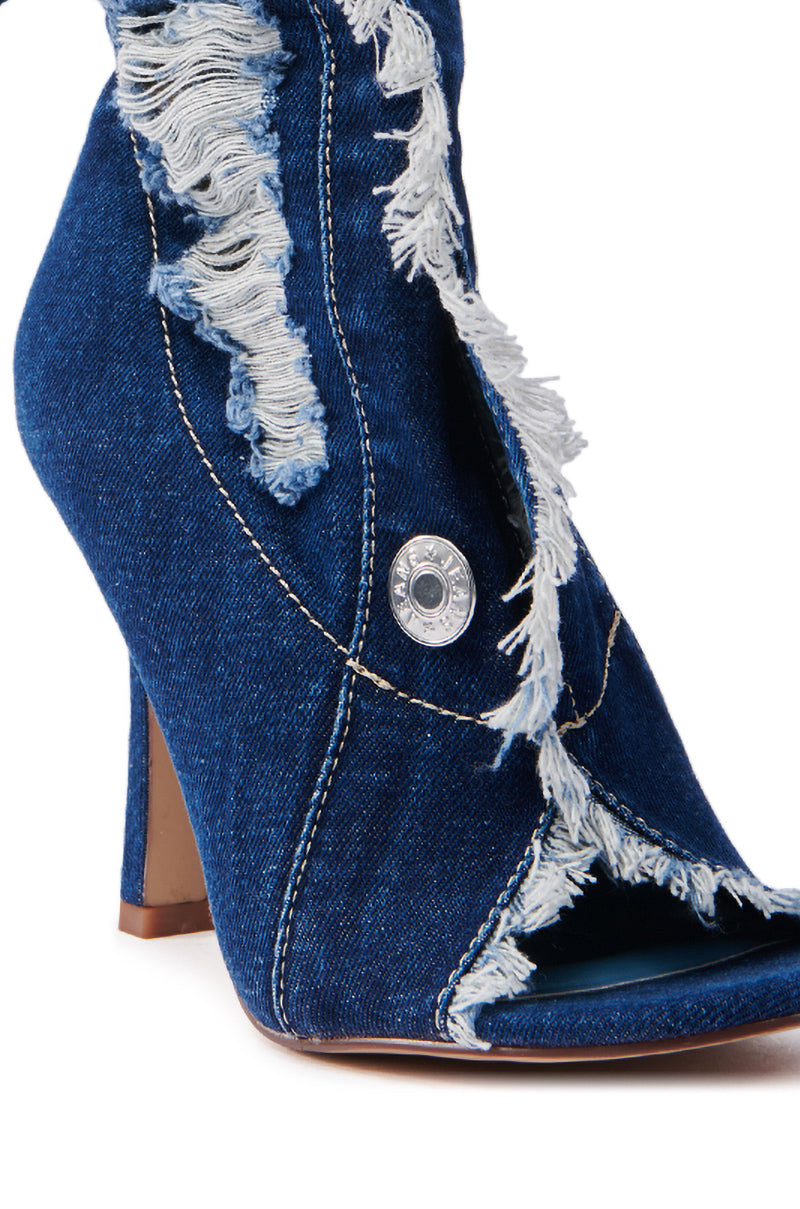 AZALEA WANG TANDY DARK DENIM OPEN TOE BOOTIE