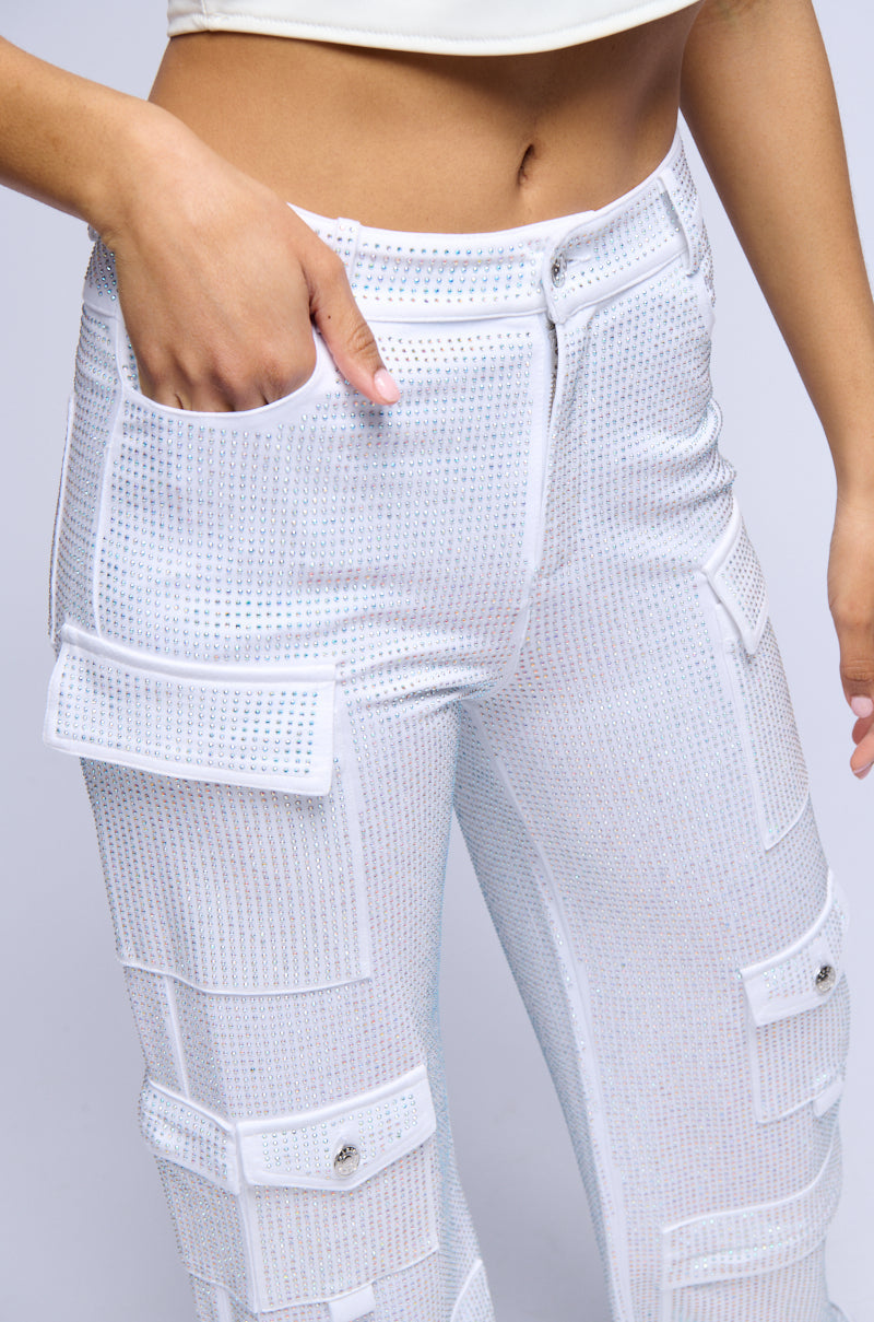 AMMO BONNE SOIREE RHINESTONE CARGO PANTS IN WHITE