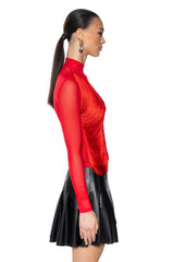 ANNIKA FRINGE DETAIL LONG SLEEVE MESH TOP IN RED