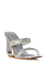 AZALEA WANG LACEY EMBELLISHED INVERSE HEEL WEDGE SANDAL IN SILVER