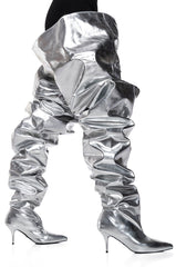AZALEA WANG NEMY SILVER KITTEN HEEL THIGH HIGH BOOT
