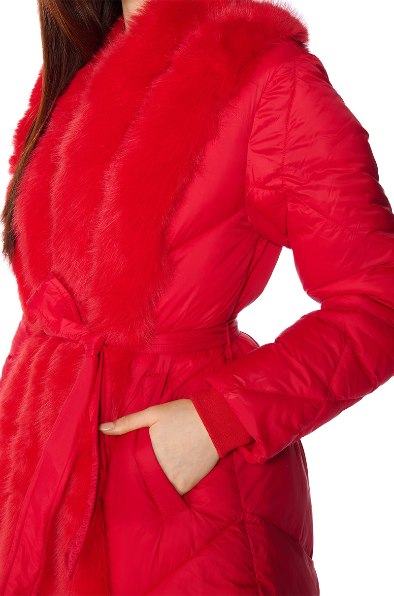 BABBS PUFFER COAT WITH FAUX FUR TRIM IN RED
