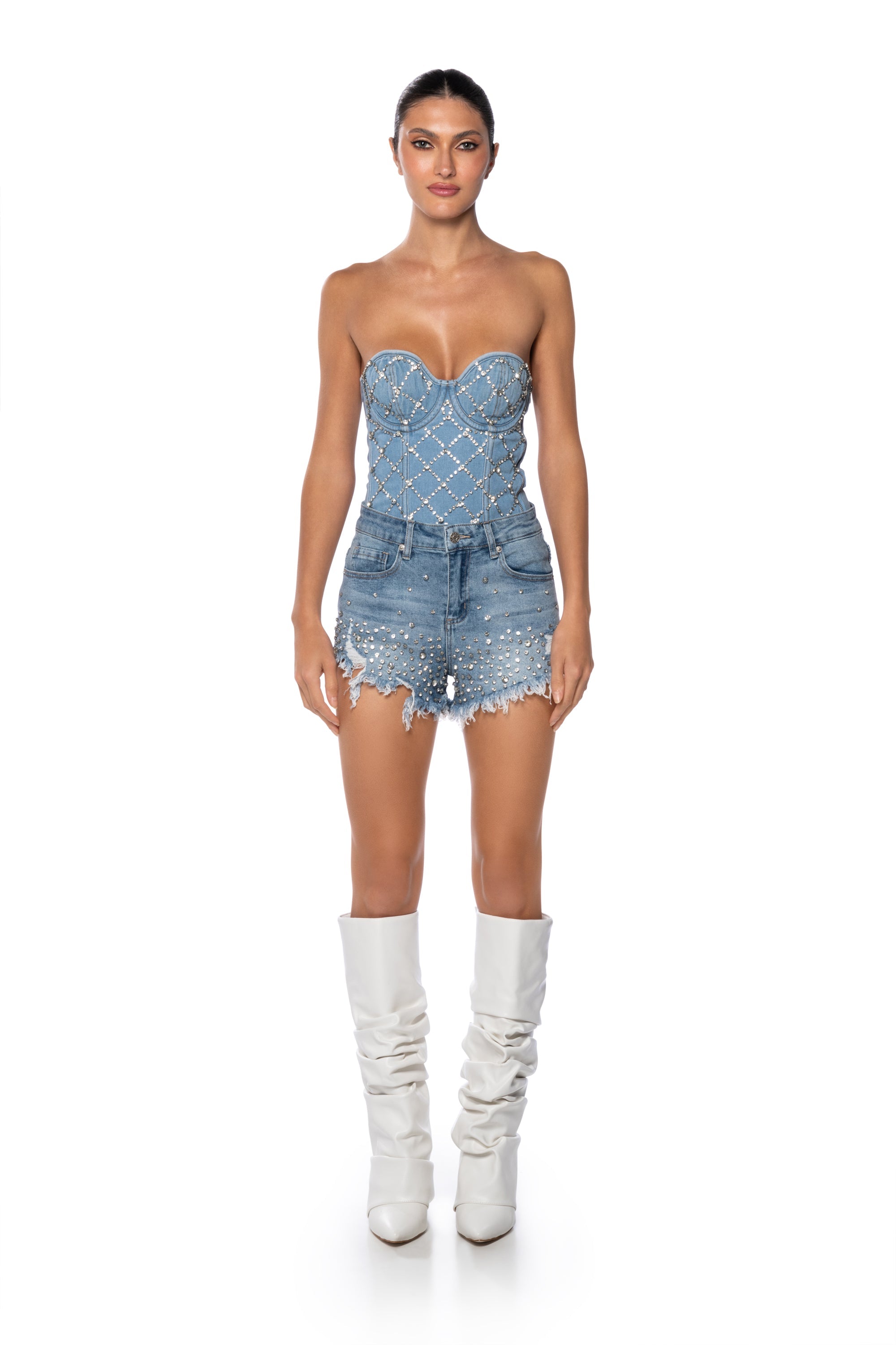 CAMMIE EMBELLISHED DENIM TOP