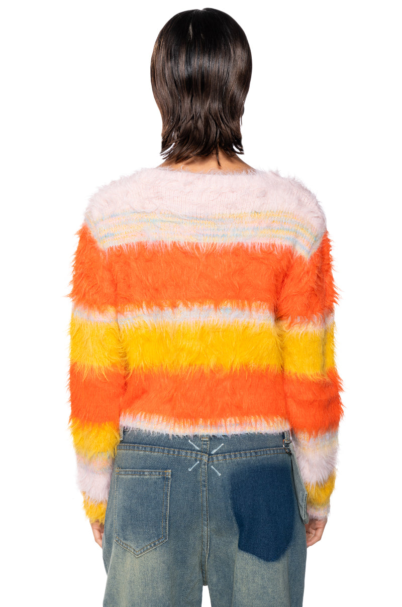 COZY WITH WHO I AM FUZZY STRIPED SWEATER