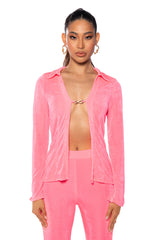 CYNTHIA COLLARED SLINKY BLOUSE IN PINK